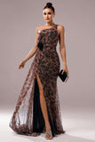 Brown Leopard Printed One Shoulder Wedding Guest Dress with Streamer