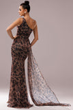 Brown Leopard Printed One Shoulder Wedding Guest Dress with Streamer
