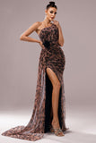 Brown Leopard Printed One Shoulder Wedding Guest Dress with Streamer