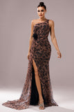Brown Leopard Printed One Shoulder Wedding Guest Dress with Streamer