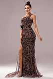Brown Leopard Printed One Shoulder Wedding Guest Dress with Streamer