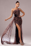 Brown Leopard Printed One Shoulder Wedding Guest Dress with Streamer