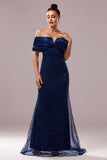 Sparkly Navy Mermaid Beaded Long Ruched Formal Dress