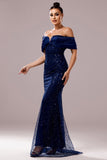 Sparkly Navy Mermaid Beaded Long Ruched Formal Dress