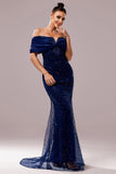 Sparkly Navy Mermaid Beaded Long Ruched Formal Dress