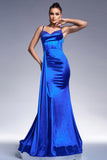 Sparkly Royal Blue Mermaid Corset Satin Long Formal Dress