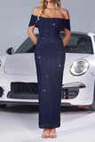 Sparkly Off The Shoulder Mermaid Navy Long Formal Dress