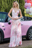 Pink Printed Floral V-Neck A Line Long Formal Dress