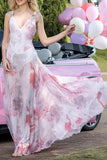 Pink Printed Floral V-Neck A Line Long Formal Dress