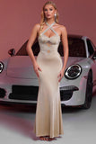 Sparkly Halter Cut Out Mermaid Champagne Party Dress