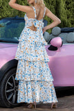 Blue Floral A Line Tiered Party Dress