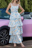 Blue Floral A Line Tiered Party Dress