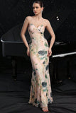 Pink Printed Spaghetti Straps Mermaid Long Formal Dress