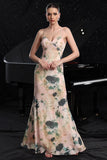 Pink Printed Spaghetti Straps Mermaid Long Formal Dress