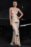 Pink Printed Spaghetti Straps Mermaid Long Formal Dress
