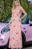 Pink Floral Ruffled A Line Long Formal Dress