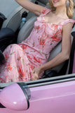 Pink Floral Ruffled A Line Long Formal Dress
