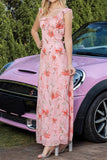 Pink Floral Ruffled A Line Long Formal Dress