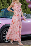 Pink Floral Ruffled A Line Long Formal Dress