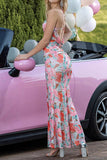 Pink Floral Halter Neck Mermaid Long Formal Dress with Slit