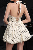 Ivory Polka Dots Halter A Line Short Graduation Dress