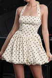 Ivory Polka Dots Halter A Line Short Graduation Dress