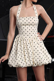 Ivory Polka Dots Halter A Line Short Graduation Dress