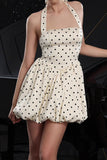 Ivory Polka Dots Halter A Line Short Graduation Dress