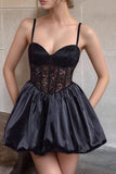 Black Corset Spaghetti Straps A Line Short Cocktail Dress with Lace