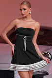 Black Strapless A Line Short Cocktail Dress with Ruffles