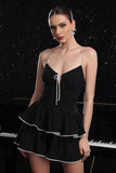 Black Striped Tiered Spaghetti Straps A Line Short Cocktail Dress