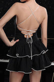 Black Striped Tiered Spaghetti Straps A Line Short Cocktail Dress