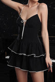 Black Striped Tiered Spaghetti Straps A Line Short Cocktail Dress