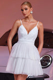 White Tulle Tiered A Line Short Graduation Dress With Appliques