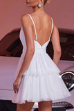White Tulle Tiered A Line Short Graduation Dress With Appliques