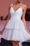 White Tulle Tiered A Line Short Graduation Dress With Appliques