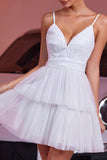 White Tulle Tiered A Line Short Graduation Dress With Appliques