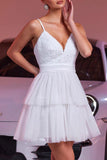 White Tulle Tiered A Line Short Graduation Dress With Appliques