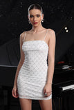 Sparkly White Spaghetti Straps Bodycon Short Graduation Dress with Pearls