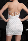 Sparkly White Spaghetti Straps Bodycon Short Graduation Dress with Pearls