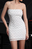 Sparkly White Spaghetti Straps Bodycon Short Graduation Dress with Pearls