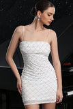 Sparkly White Spaghetti Straps Bodycon Short Graduation Dress with Pearls