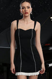 Black Striped Spaghetti Straps Bodycon Short Cocktail Dress with Ruffles