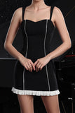 Black Striped Spaghetti Straps Bodycon Short Cocktail Dress with Ruffles