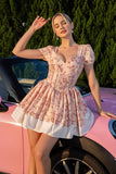 Floral Blush A Line Corset Homecoming Dress with Short Sleeves