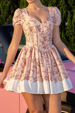 Floral Blush A Line Corset Homecoming Dress with Short Sleeves