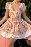 Floral Blush A Line Corset Homecoming Dress with Short Sleeves