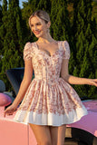 Floral Blush A Line Corset Homecoming Dress with Short Sleeves