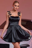 Black Satin A Line Spaghetti Straps Short Cocktail Dress With Bows