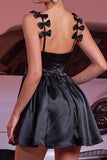 Black Satin A Line Spaghetti Straps Short Cocktail Dress With Bows